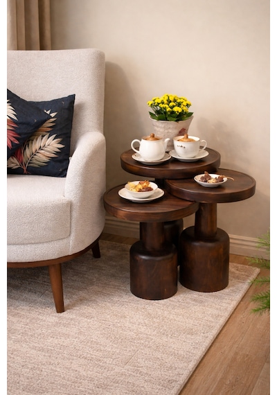 Ihlamur Wood Design Oluklu Üçlü Mantar Sehpa Ceviz Rengi Ahşap