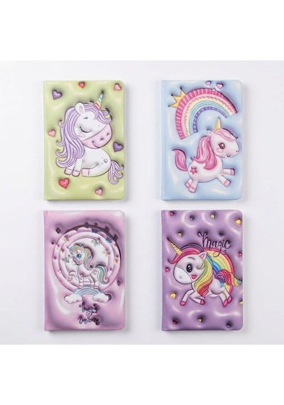 Unicorn Desenli Kabartmalı Yumuşak Kapaklı Çizgili Not Defteri Çok Renkli