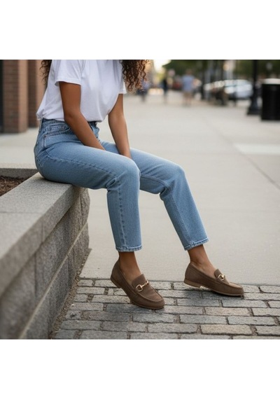 Ne&ve Shoes Vizon Süet Hakiki Deri Gold Zincir Aksesuarlı Kadın Loafer Ayakkabı