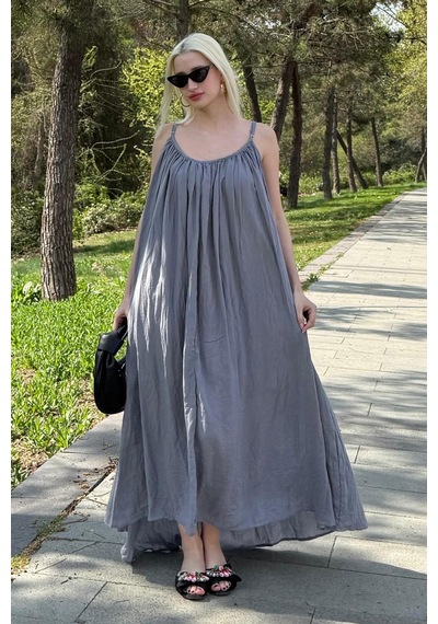 Madmext Gri Halter Yaka Askılı Uzun Basic Kadın Elbise Mg2163 Gri