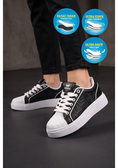 Walkway Siyah-beyaz Bağcıklı Kalın Rahat Tabanlı Kadın Casual Yürüyüş Ayakkabı Sneaker 26201 Siyah - Beyaz