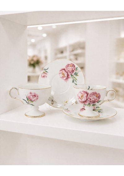 Redrose 2'li Porselen Çay Seti, Pembe Çiçek Desenli, Altın Kenarlıklı, 220cc, Fincan Ve Tabak 2 Kişilik Çok Renkli