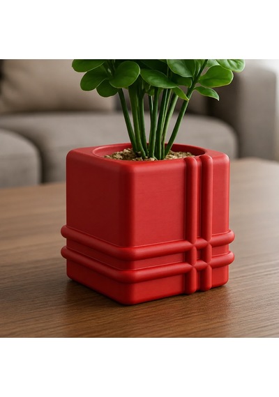 3d Baskı Square Planter - Izgara Desenli Küp Saksı-kırmızı
