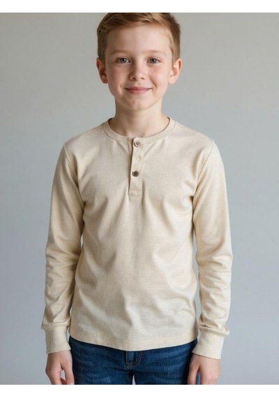 Zekids Erkek Çocuk Düğmeli Pamuklu İnce Uzun Kollu T-shirt-16778 Bej