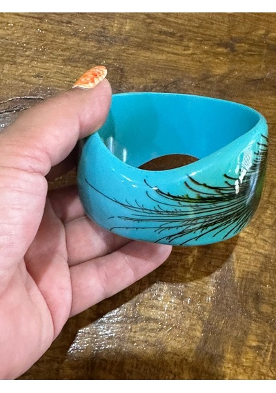 Tavus Kuşu Kanadı Desenli Kemik Kadın Hint Bileziği Çap 7 Cm Turkuaz
