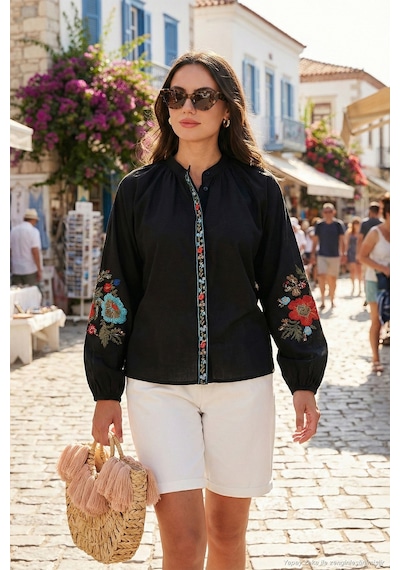 Lela Nakışlı Pamuklu Regular Fit Balon Kol Yazlık Bayan Gömlek 611Bz0173 Siyah