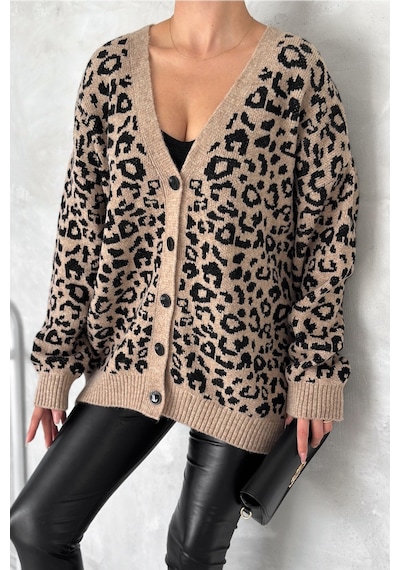 Femelle Kadın Kahverengi Leopar Desen Oversize Triko Hırka