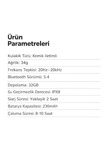 Kemik İletimli Yüzme Kulaklığı, 32gb Dahili Depolama, Ip68 30m Derin Su Geçirmez Beyaz