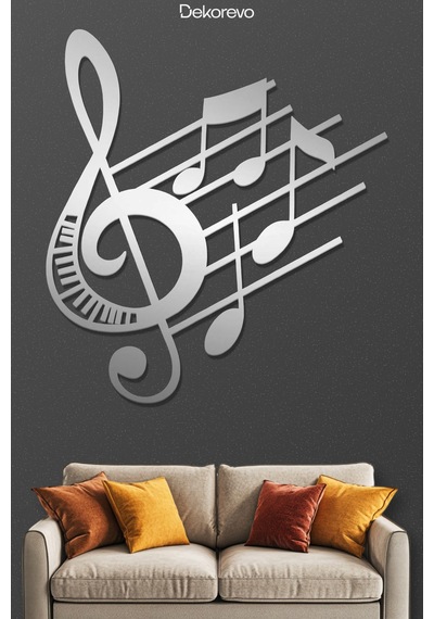 Sol Anahtarı Ve Notalar Metal Duvar Tablosu - Metal Duvar Sanatı - Krom - 65 X 75 Cm