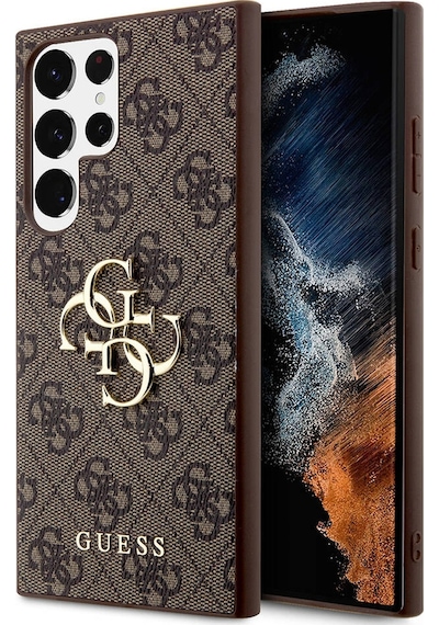 Galaxy Uyumlu S24 Ultra Kılıf Guess Lisanslı Pu Deri Yazı Ve 4g Metal Logolu Desenli Kapak Kahverengi