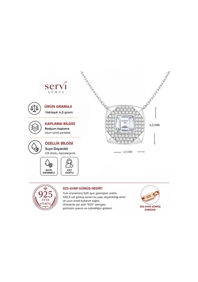 Servi 925 Ayar Gümüş Kare Baget Taşlı Pavé Kolye-328