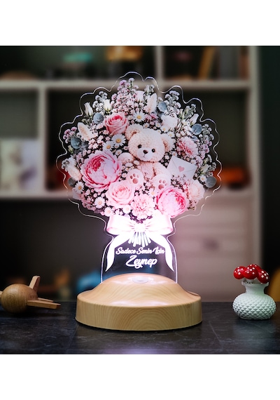 Tatlı Bir Sürpriz Ayıcık Buketi Işıklı Çiçek Buketi Led Lamba Sevgiliye Pembe Güllü Solmayan Çiçek Hediyesi