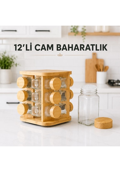 12 Li Cam Baharatlık Seti Bambu Kapaklı Kare Döner Standlı Tuzluk Baharat Takımı Çok Renkli