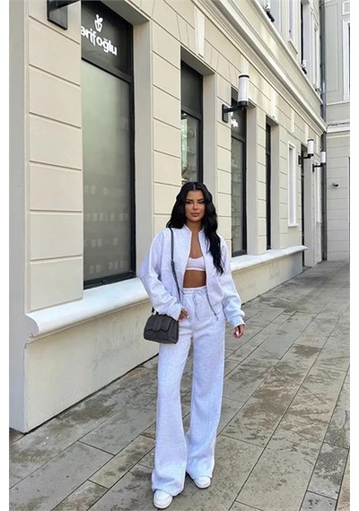 Neşeli Butik Kadın Kışlık Alt Üst Eşofman Takımı Nb0022 - Gri Gri Melanj