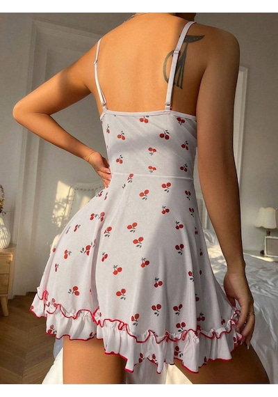 Bella Notte Romantik Beyaz Kiraz Baskılı Askılı Tanga Ve Gecelik
