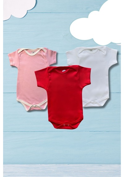 Betül Bebek Kısa Kollu 3'lü Organik Pamuk Çıtçıtlı Bebek Body&zıbın Kırmızı,pembe,beyaz Çok Renkli