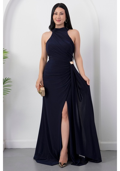 Kalopya Halter Yaka Drapeli Tokalı Abiye Elbise Ecr5862 Lacivert