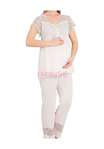 Quilling Ekru Renkli Dantel Detaylı, 33200 Kısa Kol, 2 Parça Lohusa Hamile Pijama Takımı