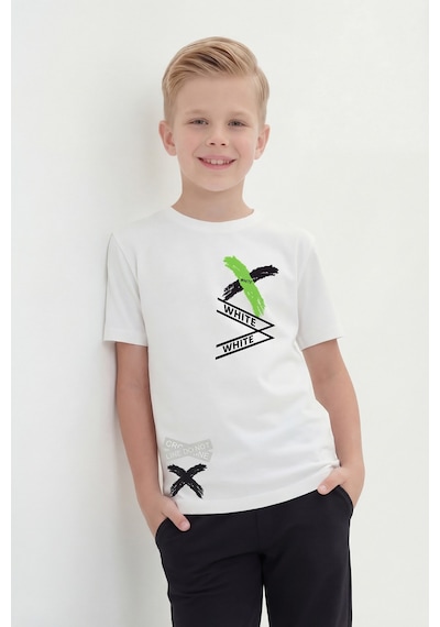Panios Kids White Yazı Baskılı Yuvarlak Yaka Kısa Kollu Erkek Çocuk Yazlık Tişört Beyaz