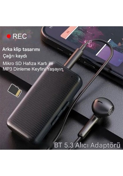 Bluetooth 5.3 Adaptör Ses Kaydedici Mikro Hafıza Kart Girişli Mp3 Çalar