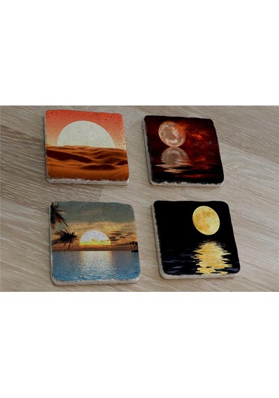 Ay Ve Gün Batımı Manzaralar Doğal Taş Bardak Altlığı 4'lü Set - Natural Stone Coasters - Taş Çok Renkli