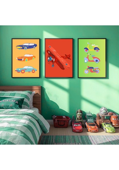 Besay Tam Gaz Macera:renkli Arabalar, Uçak Ve Vespa Çocuk Odası Posteri Dekoratif 3lü Set A4 Çerçevesiz
