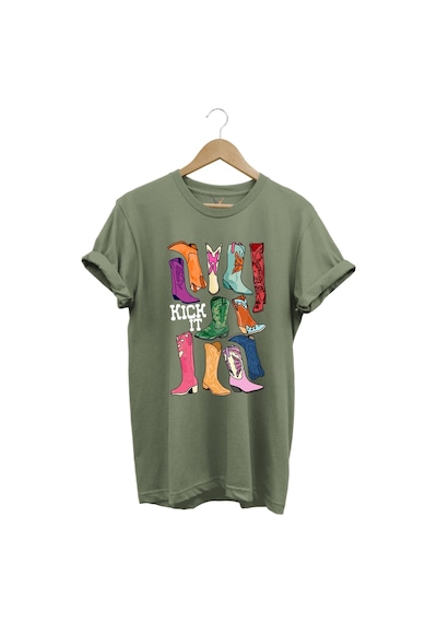 Unisex Cowgirl Kovboy Çizme Baskılı %100 Pamuk Regular Fit Bisiklet Yaka Haki T-shirt Haki