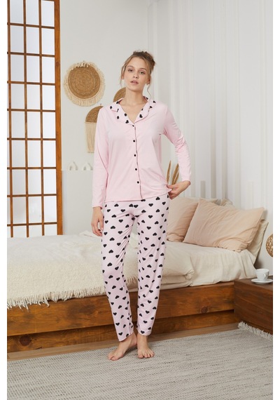 Siyah İnci Gömlek Yaka Düğmeli Milan Örme Pijama Takım25224009 Pembe