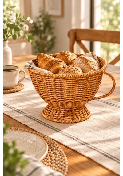 Atbyhome Büyük Boy Doğal Hasır Rattan Kupa Sepet 20x16 Cm - Kulplu Ayaklı Masa Üstü Ekmeklik Ve Meyvelik Kahverengi