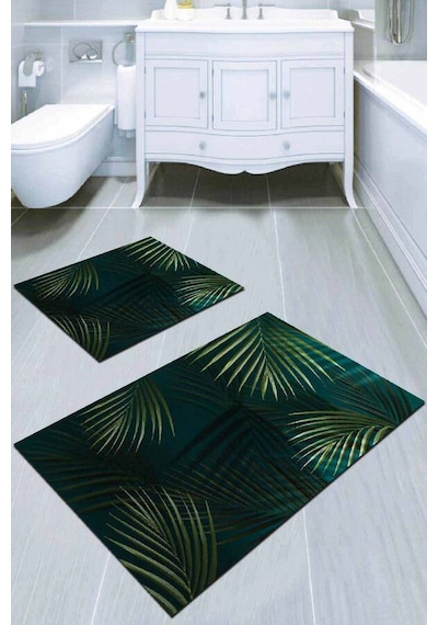 Yeşil Yaprak Desenli Banyo Halısı Klozet Paspas Seti Bs049n11