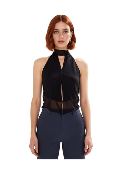 Ersefa Kadın Desenli Halter Yaka Tül Bluz Kaliteli Şık Rahat Modern Zari siyah