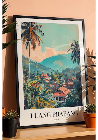 Luang Prabang Laos Vintage Seyahat Posteri Çerçeveli Tablo - Premium Egzotik Doğa Duvar Dekoru Siyah