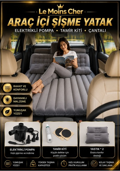 Audi Q7 Design Araç İçi Şişme Kamp Yatağı Elektrikli Pompalı Çantalı Set Gri