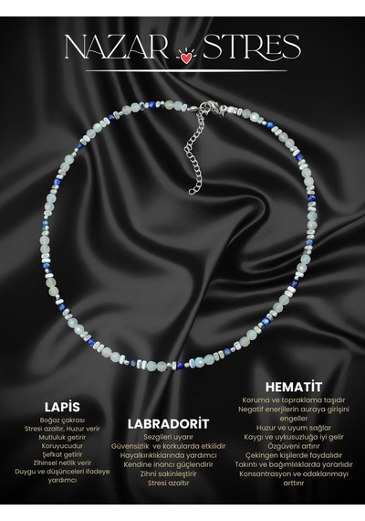 Sertifikalı Labradorit, Lapis Lazuli Ve Hematit Doğal Taşlı Çelik Kadın Kolye Gri