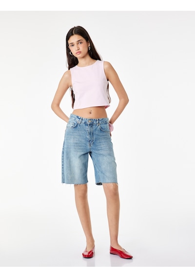 Koton Kolsuz Bisiklet Yaka Slim Fit Crop Bluz Pembe 6sal30050ık Gül