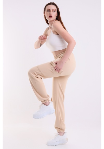 Winmoda34 Kadın Jogger Kalın 3 İplik Yandan Cepli Kargo Eşofman Altı Bejj