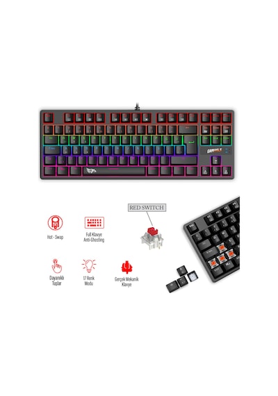 Fullflex Mekanik Klavye Gaming Klavye 87 Tuşlu Hot Swap Işıklı Türkçe Q Klavye Red Oyuncu Klavyesi