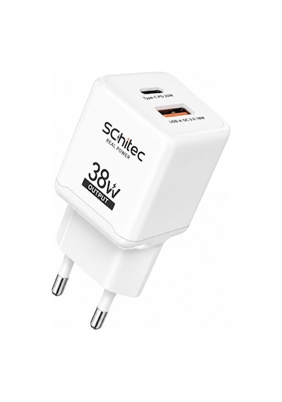 Schitec 38w Çift Çıkışlı Süper Hızlı Şarj Adaptörü Usb-a Qc 3.0 + Type-c Pd Beyaz Hg/ta-38eu