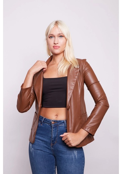Ekolojik Suni Deri Yakalı Uzun Kol Cepli Blazer Ceket-taba Taba