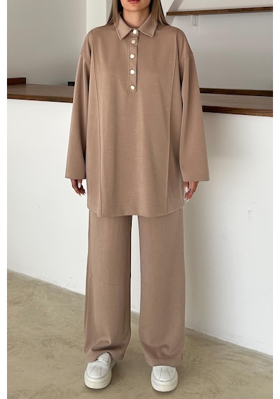 Olcay Gömlek Yaka Premium Örme Kumaş Tunik Pantolon Takım Kamel 9374-tk