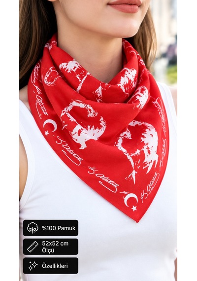 Herşeynota Atatürk Silüetli Kırmızı %100 Pamuk 52x52 Cm Fular Bandana Okul, Etkinlik, Tören, Gösteri Çok Renkli