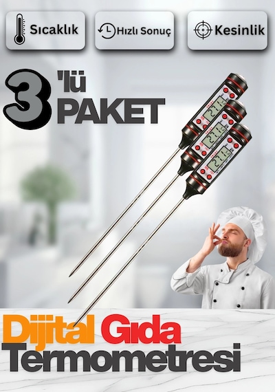 Dijital Lcd 3 Adet Siyah Renk Gıda Yemek Termometresi Yemek Isı Ölçer Pil Hediyeli