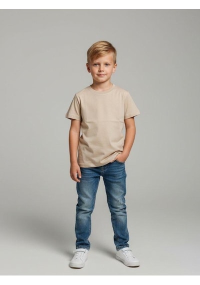Zekids Çocuk Pamuklu Basic Yuvarlak Yaka T-shirt-16714 Bej