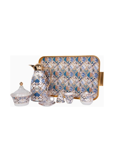 Roomours Blue Flower Gold 22 Parça Porselen Kahve Çay Takımı - Çift Katmanlı Termos Blue Gold