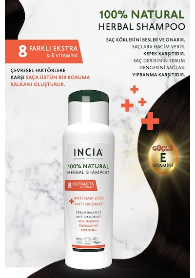 INCIA %100 Doğal Saç Dökülmesine Karşı Etkili Şampuan 8 Değerli Bitki Eki Vegan  275 ML