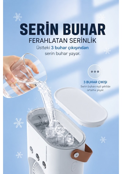 Sulu Buharlı Çift Başlıklı Klima Fanı Taşınabilir Usb Şarjlı 3 Kademeli Led Işıklı, Masaüstü Fan, Taşınabilir Fan