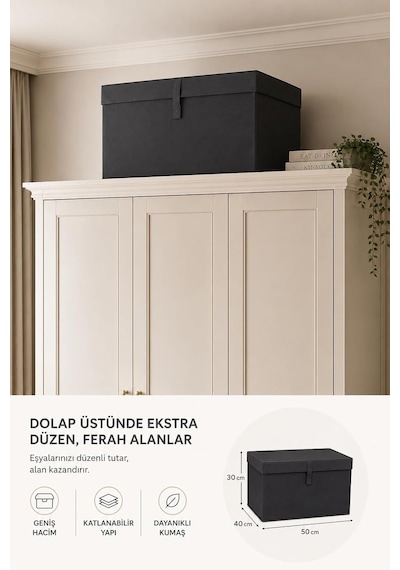 Çok Amaçlı Saklama Kutusu Düzenleyici Kapaklı Sandık Tipi Kutu Hurç Organizer 3 Lü Set Antrasit, Maxi 50x40x30 Diğer