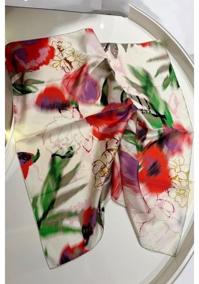 Cardion Lunira Silk Twil İpek Eşarp Flora Mercan