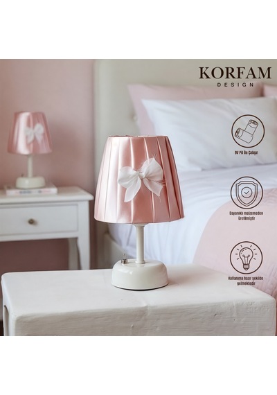 Pembe Saten Kumaş Kız Çocuk Odası Pilli Masa & Gece Lambası Çok Renkli