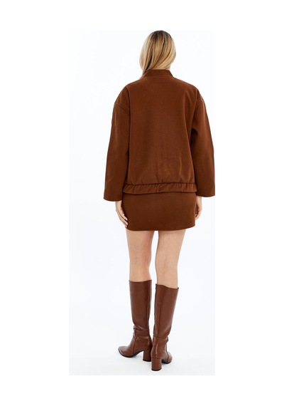 Selectmoda Kadın Önü Bindirmeli Süet Mini Etek Kahverengi